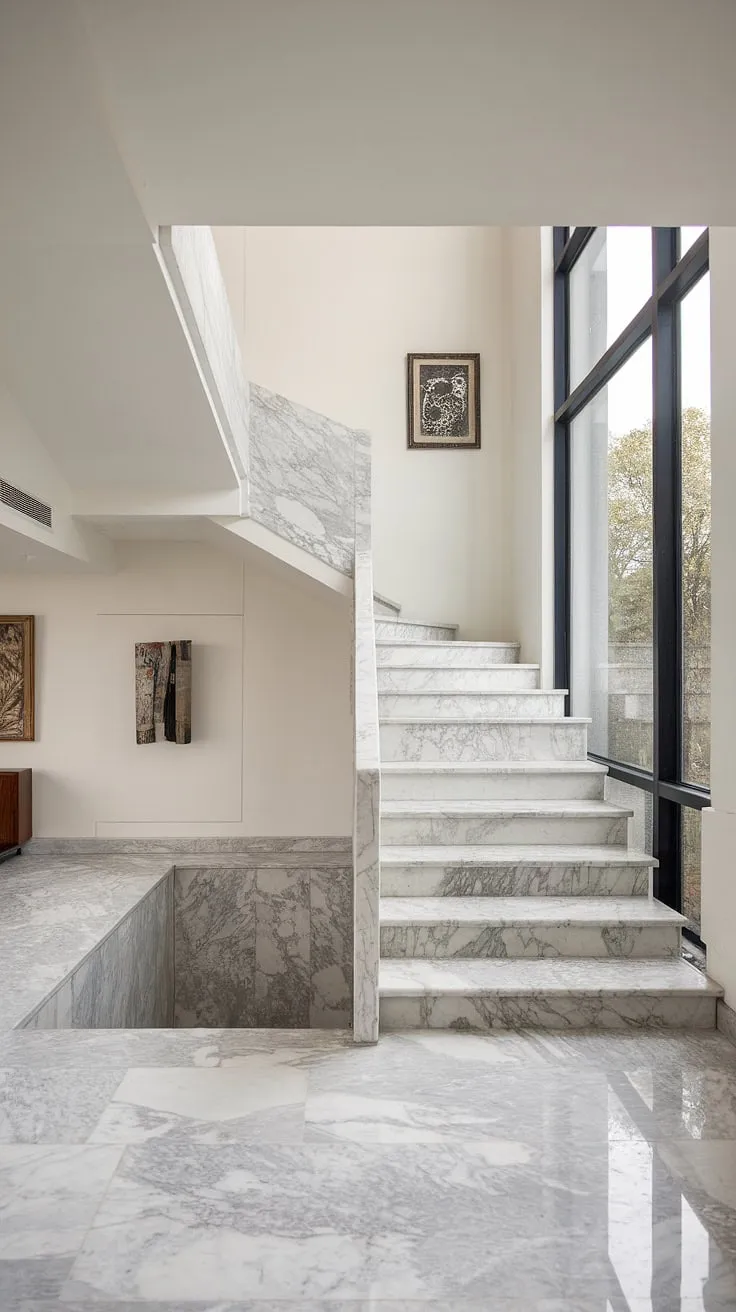 Architectural purity meets modern elegance in this stunning home. The minimalist marble staircase, bathed in natural light from the expansive window, is a breathtaking focal point, showcasing the seamless blend of form and function. A sense of calm and sophistication pervades the space.