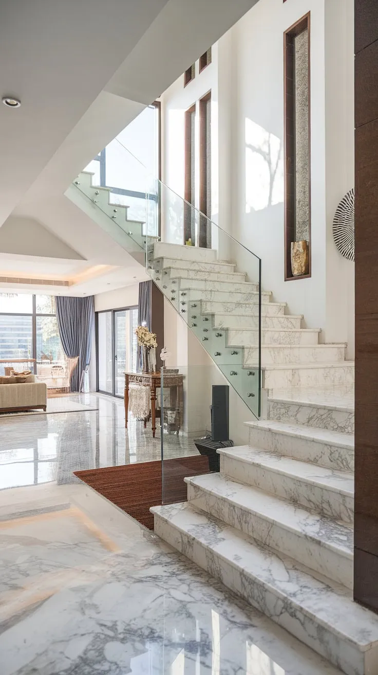 Sunlight streams through the glass railing of the elegant marble staircase, illuminating the airy living room and showcasing the home's sophisticated design. The seamless flow between the marble flooring and staircase creates a sense of spaciousness and understated luxury. A perfect blend of modern architecture and timeless elegance.