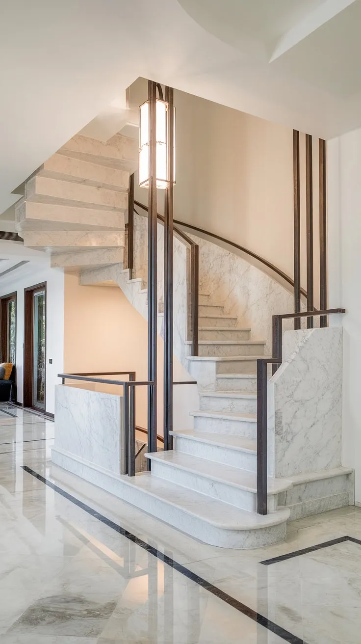 Architectural perfection. The interplay of light on the white marble staircase, contrasted by the dark metal railing, creates a dramatic focal point in this minimalist living space. A testament to clean lines and luxurious design. A stunning example of modern elegance. A true masterpiece.