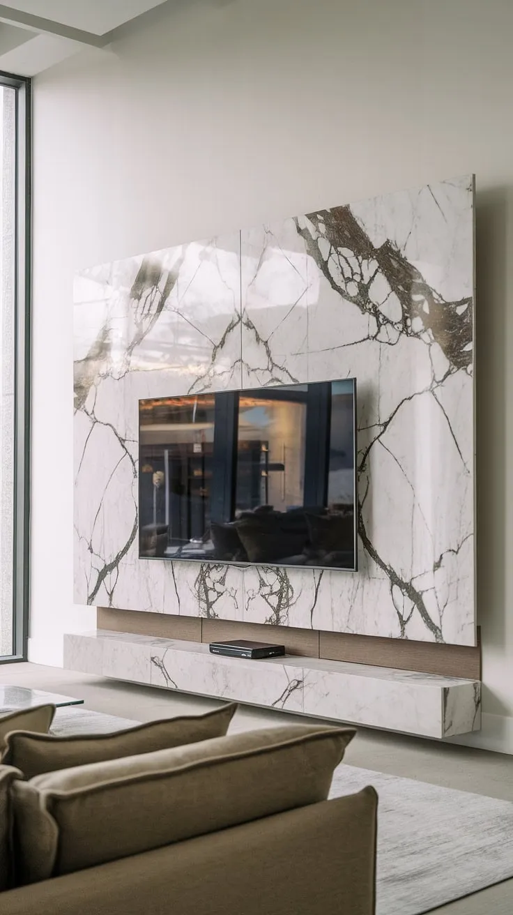 This breathtaking modern tv unit, a masterpiece of tv unit furniture design, anchors this bright and airy living room. The expansive marble tv wall is a showstopper, exemplifying the best in modern tv unit designs.  The clean lines and thoughtful placement of this wall tv unit perfectly illustrate the art of tv wall units and modern tv wall units within a contemporary interior.