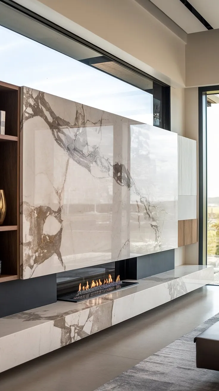 This stunning marble TV wall unit is the centerpiece of this modern living room, showcasing the best in modern TV unit designs.  The sleek design, integrated fireplace, and ample shelving create a sophisticated and functional TV unit interior design, perfectly complemented by the serene landscape view.  This wall TV unit exemplifies the epitome of tv unit furniture design, a true testament to modern TV wall units.