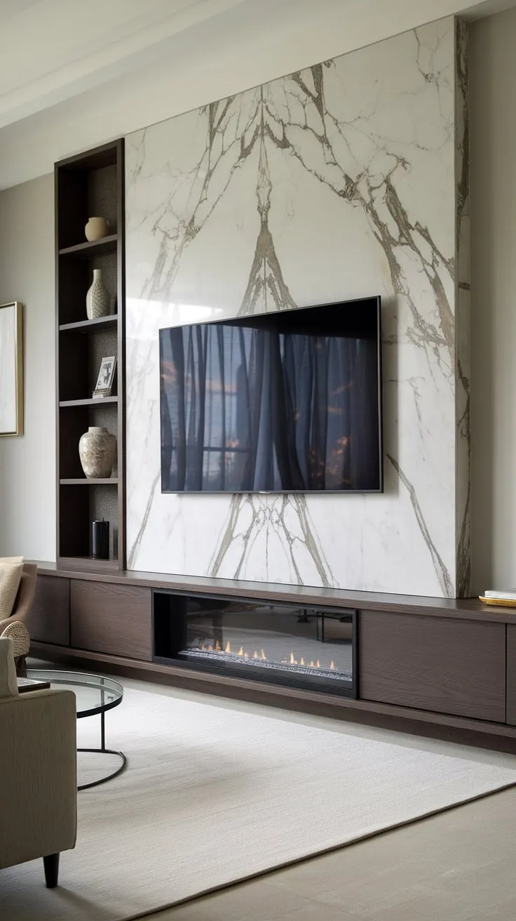 This modern living room showcases the perfect blend of luxury and minimalism, anchored by a stunning marble TV wall. The sleek dark wood modern TV unit, a masterpiece of tv unit furniture design, seamlessly integrates a fireplace and offers ample shelving.  This exemplifies the best in modern TV wall units and tv unit interior design.  The overall design is a testament to sophisticated modern TV unit designs.