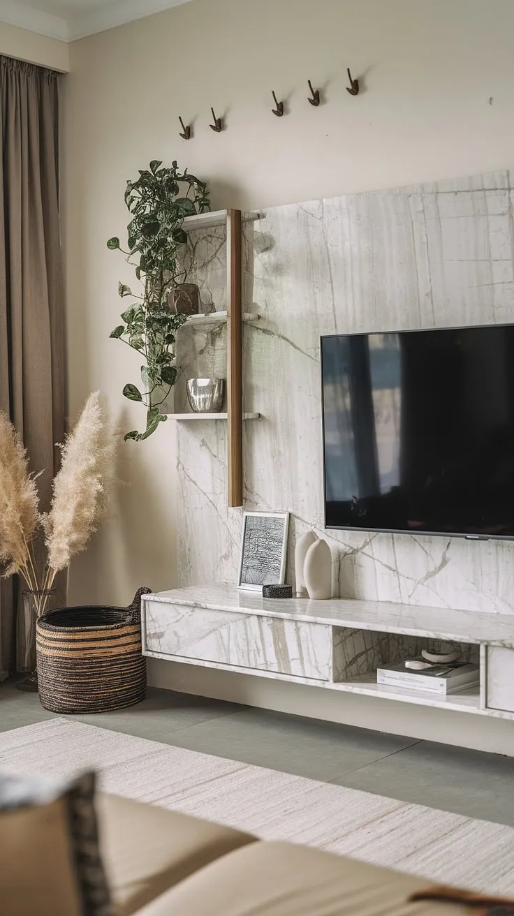 This stunning wall tv unit, featuring a chic marble TV wall, elevates the living room's aesthetic. The modern tv unit's simple design, complemented by carefully chosen accessories, exemplifies modern tv wall units and tv unit furniture design.  This tv unit interior design proves that functionality and style can coexist beautifully.