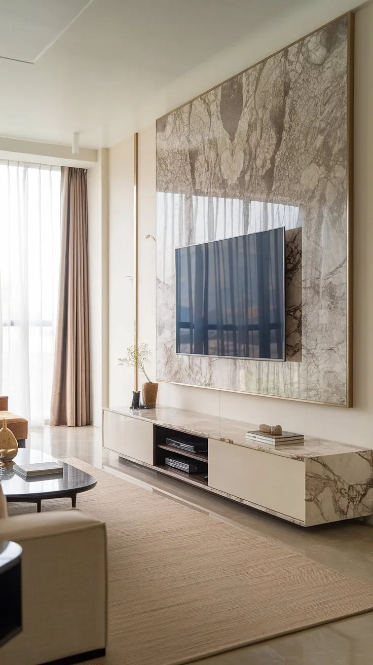 The epitome of modern TV wall units, this sophisticated marble TV wall showcases impeccable tv unit furniture design.  The clean lines and dark grey marble top of this modern TV unit are a testament to the best in modern TV unit designs.  This wall tv unit is a masterclass in tv unit interior design, transforming the living space with its elegant simplicity.