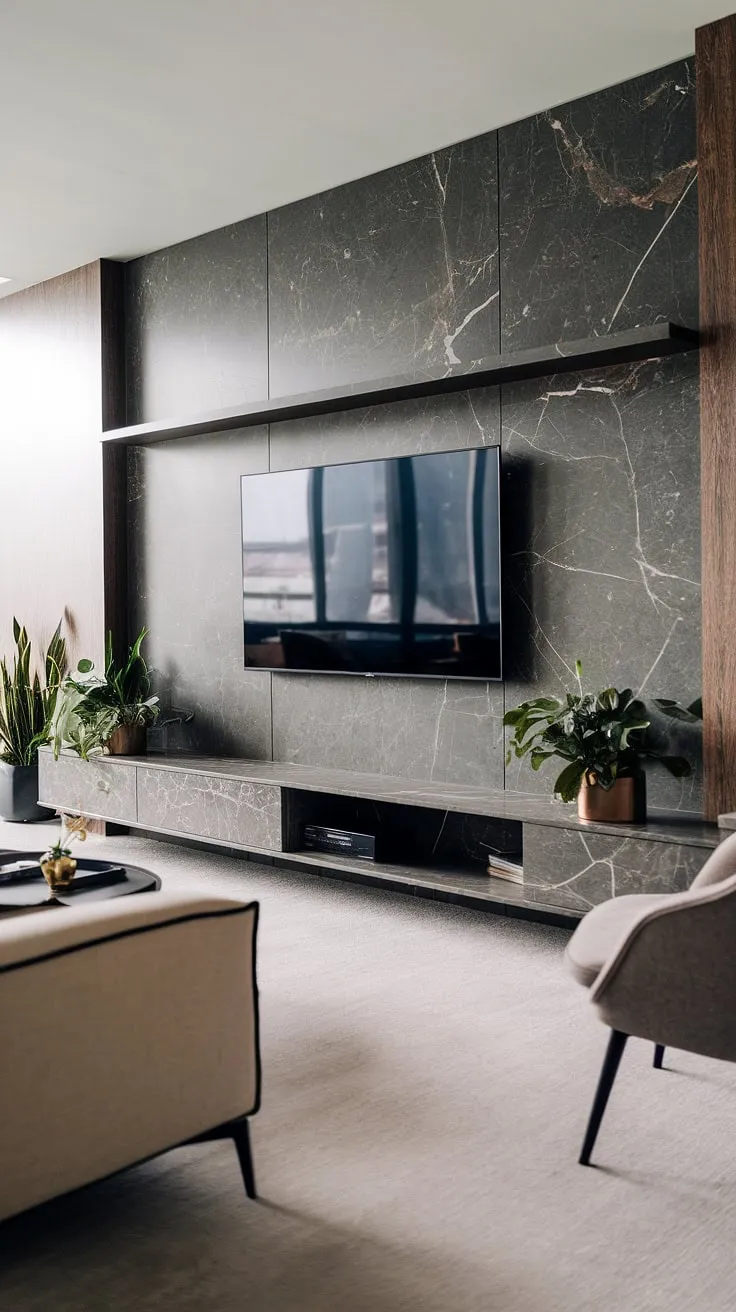 This modern living space is elevated by the striking presence of a custom marble TV wall. The sleek, modern TV unit, with its floating shelf and dark gray marble finish, exemplifies the best in modern TV wall units and wall TV unit design.  The result is a sophisticated and functional TV unit interior design, a testament to innovative tv unit furniture design.