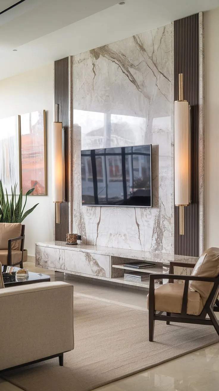 Elevate your living space with this breathtaking marble tv wall. The modern tv unit seamlessly blends functionality and style, offering ample storage and a captivating aesthetic. Explore the possibilities of modern tv unit designs and tv wall units with this inspiring example of tv unit interior design.