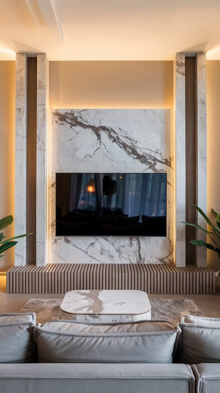 Experience the epitome of modern tv unit designs with this breathtaking marble tv wall.  The wall tv unit's clean lines and luxurious marble create a sophisticated ambiance, perfectly complemented by the plush seating. This tv unit furniture design is the ultimate statement piece in modern tv wall units.