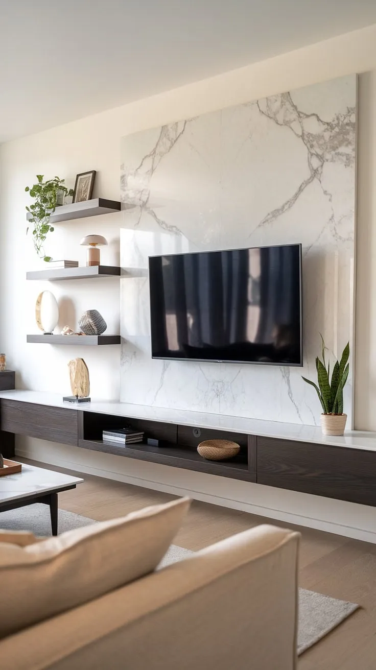 This modern living room is elevated by the stunning marble TV wall, a testament to sleek modern tv unit designs. The dark wood and white marble create a sophisticated contrast, showcasing the best in tv unit interior design and tv unit furniture design.  The wall tv unit seamlessly integrates functionality and style, a perfect example of modern tv wall units.