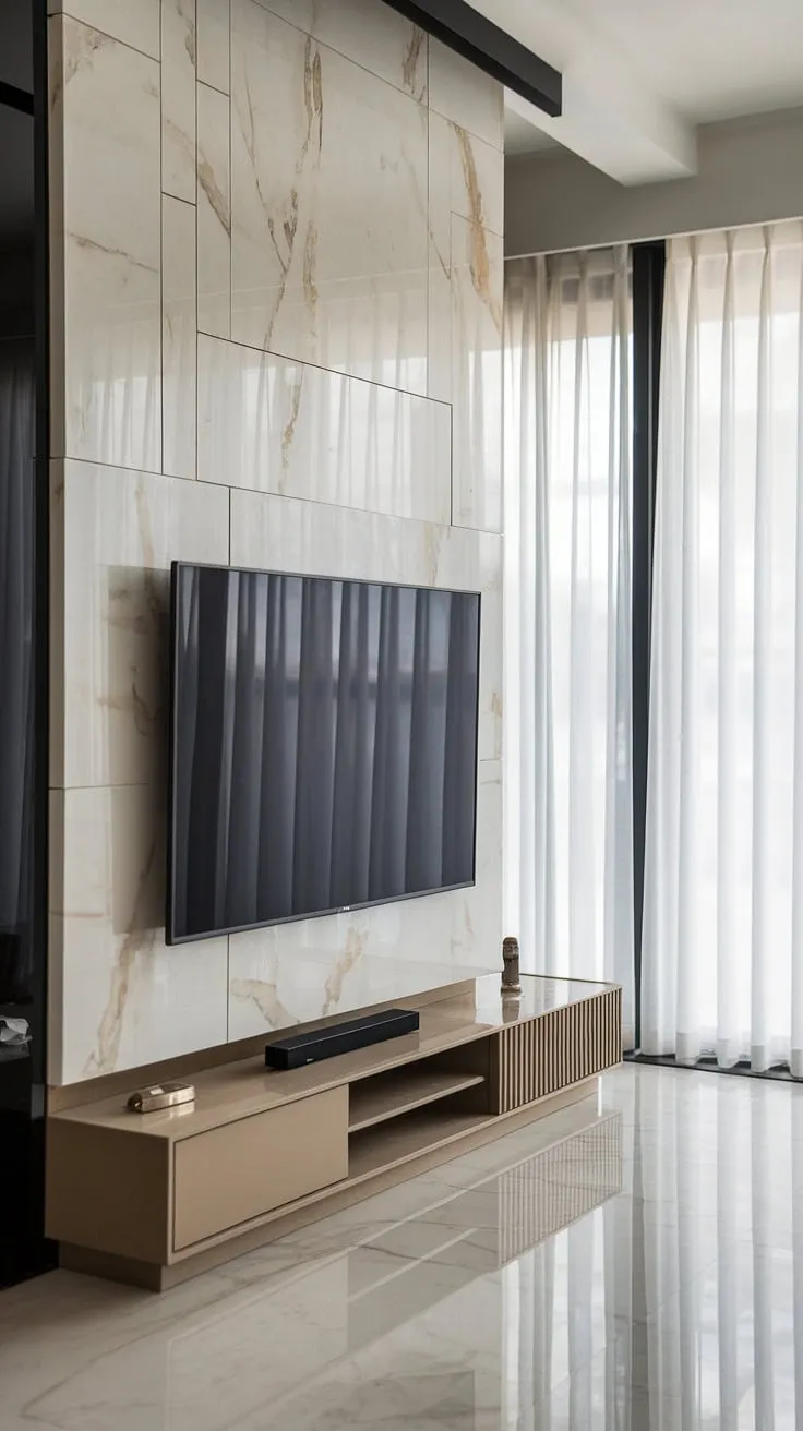Clean lines and luxurious materials define this modern living space.  The stunning marble TV wall, featuring a sleek modern TV unit, seamlessly integrates storage and entertainment. This exemplifies the best in modern TV unit designs and tv unit furniture design, showcasing how a wall TV unit can elevate your tv unit interior design.