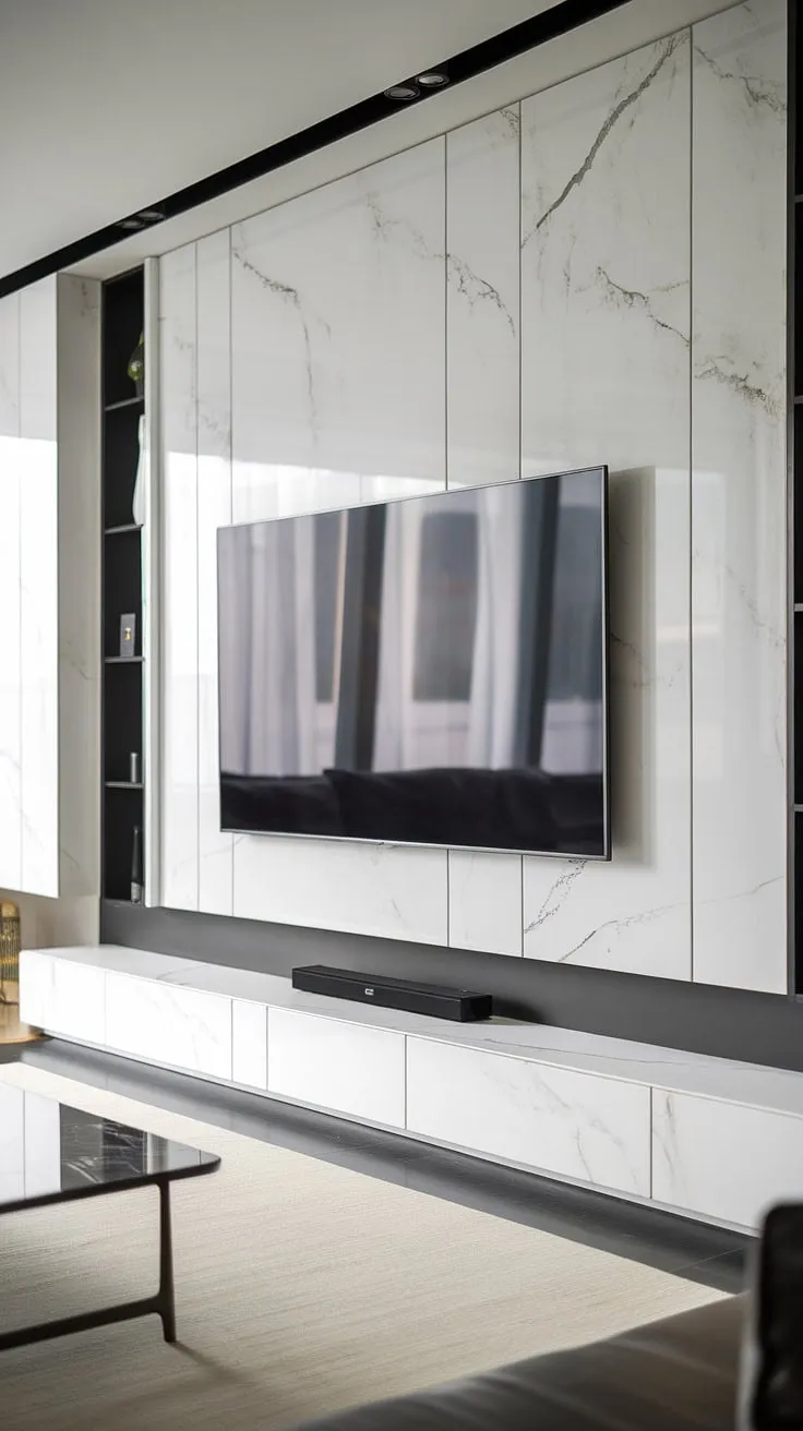 Experience the epitome of modern living with this stunning modern TV unit.  The marble TV wall is a testament to exceptional tv wall units and modern tv wall units, boasting a minimalist design and seamless integration of storage. This tv unit interior design, with its clean lines and sophisticated marble, elevates the space, showcasing the best in modern tv unit designs and tv unit furniture design.