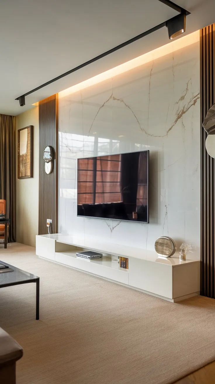 Experience the epitome of modern living with this breathtaking marble tv wall.  The custom-designed modern tv unit, a masterpiece of modern tv unit designs, offers both practicality and visual appeal.  This wall tv unit, a prime example of tv wall units and tv unit furniture design, elevates the entire room to a new level of refined sophistication.