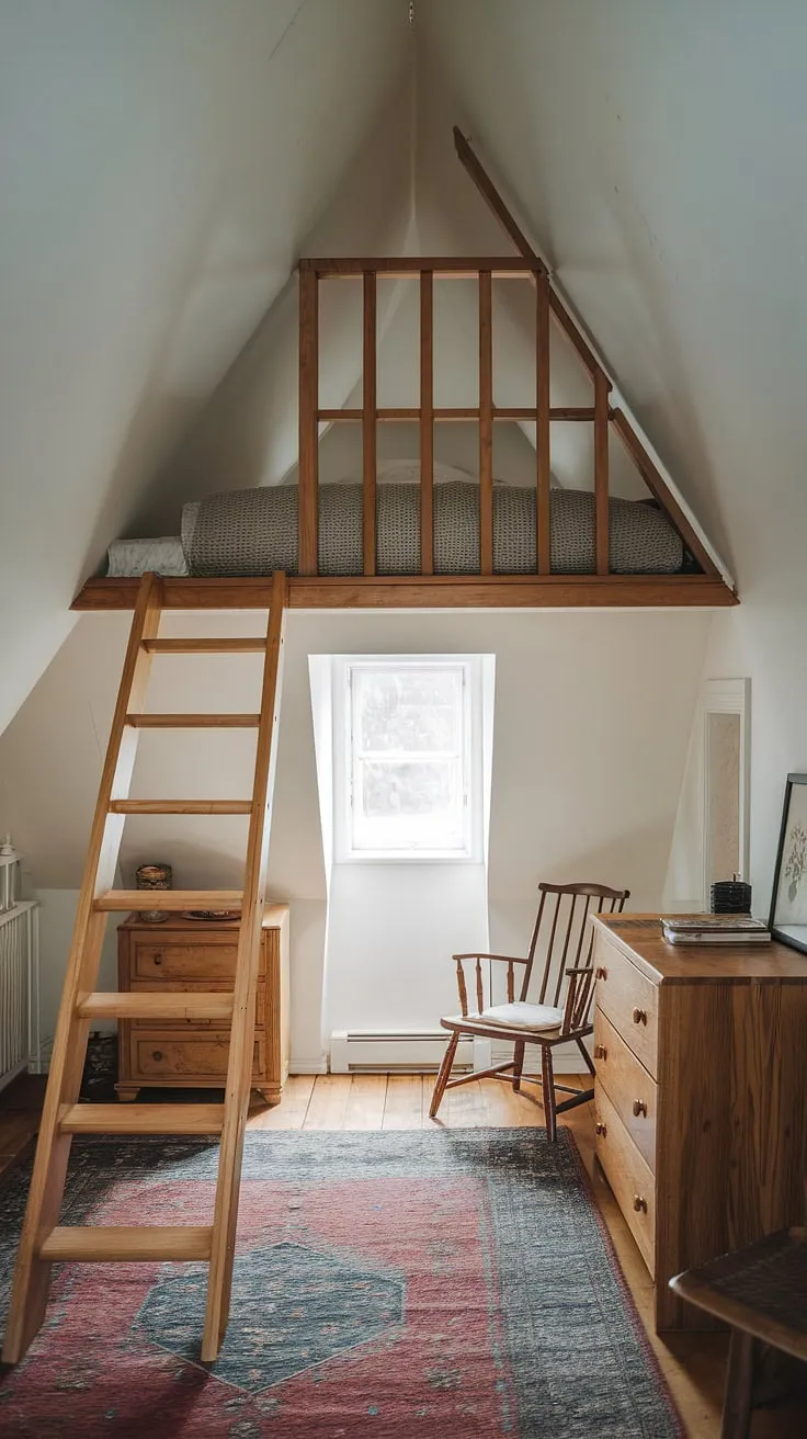 This attic bedroom boasts ingenious attic interior design, transforming a small space into a comfortable retreat. The loft bed, accessed by a wooden ladder, is a highlight of this loft bedroom decor, while the simple furnishings offer practical small attic room ideas. Consider this a shining example of attic bedroom ideas and attic guest room decor done right.