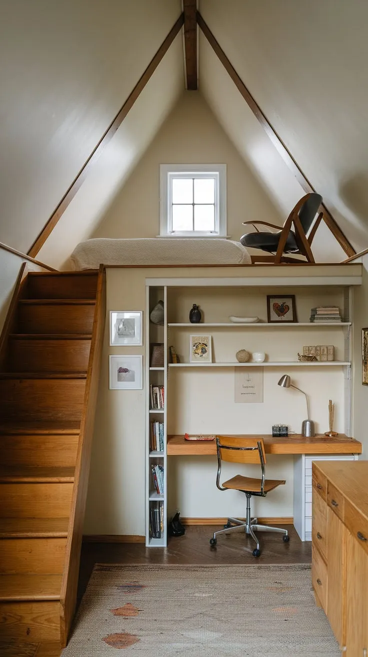 This master attic bedroom proves that small attic room ideas can yield big results. The loft bed and thoughtful attic interior design create a unique and inviting space, showcasing inspiring loft bedroom decor and clever attic guest room decor solutions.