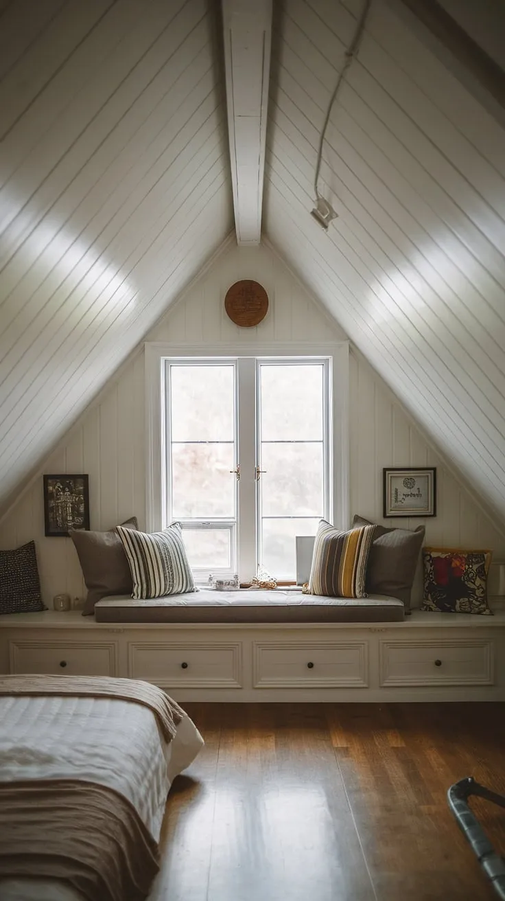 Dreamy attic interior design in this small attic room. Loft bedroom decor and smart attic bedroom ideas create a tranquil master attic bedroom retreat. Explore more small attic room ideas for your own space.