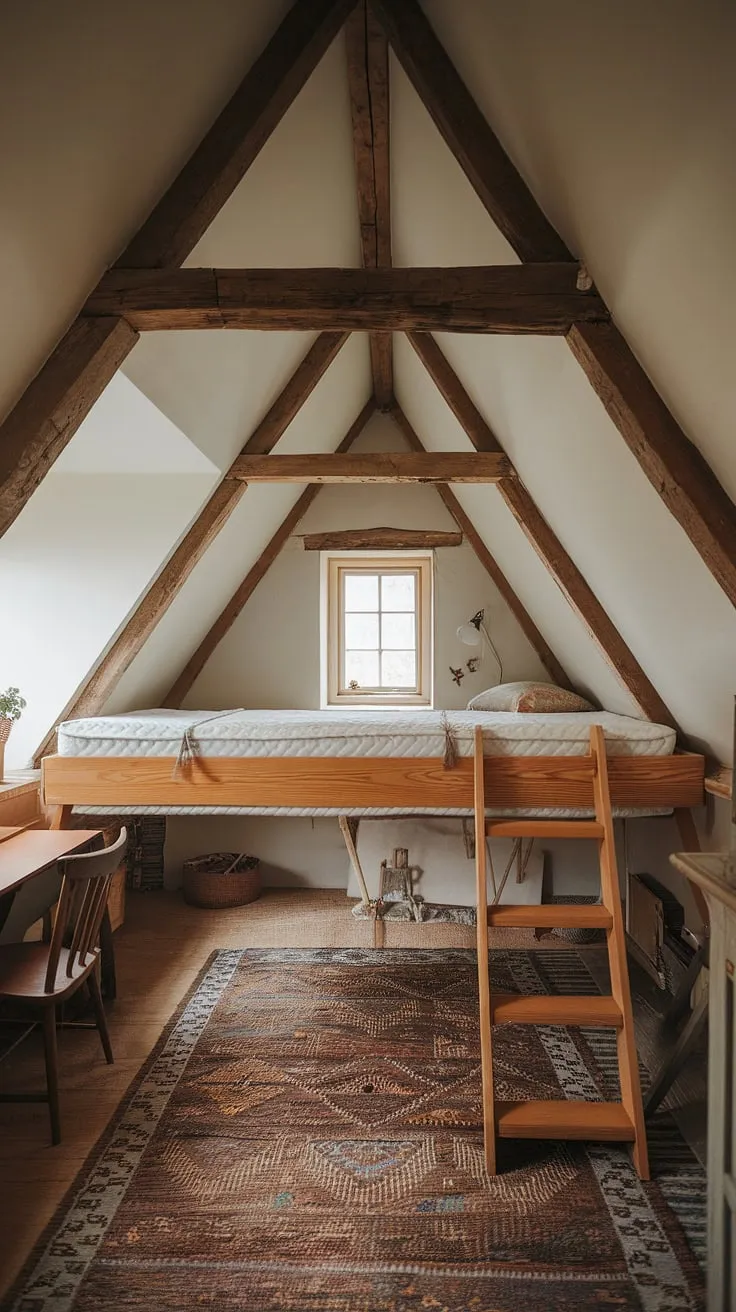 Cozy attic bedroom ideas abound in this charming space! Rustic wooden beams and a sloped ceiling create a unique atmosphere, perfectly complemented by the loft bed and small desk. This attic interior design showcases how to maximize space and create a cozy retreat, ideal for attic guest room decor or a personal sanctuary. The patterned rug adds a touch of warmth, making it a perfect example of small attic room ideas and loft bedroom decor.