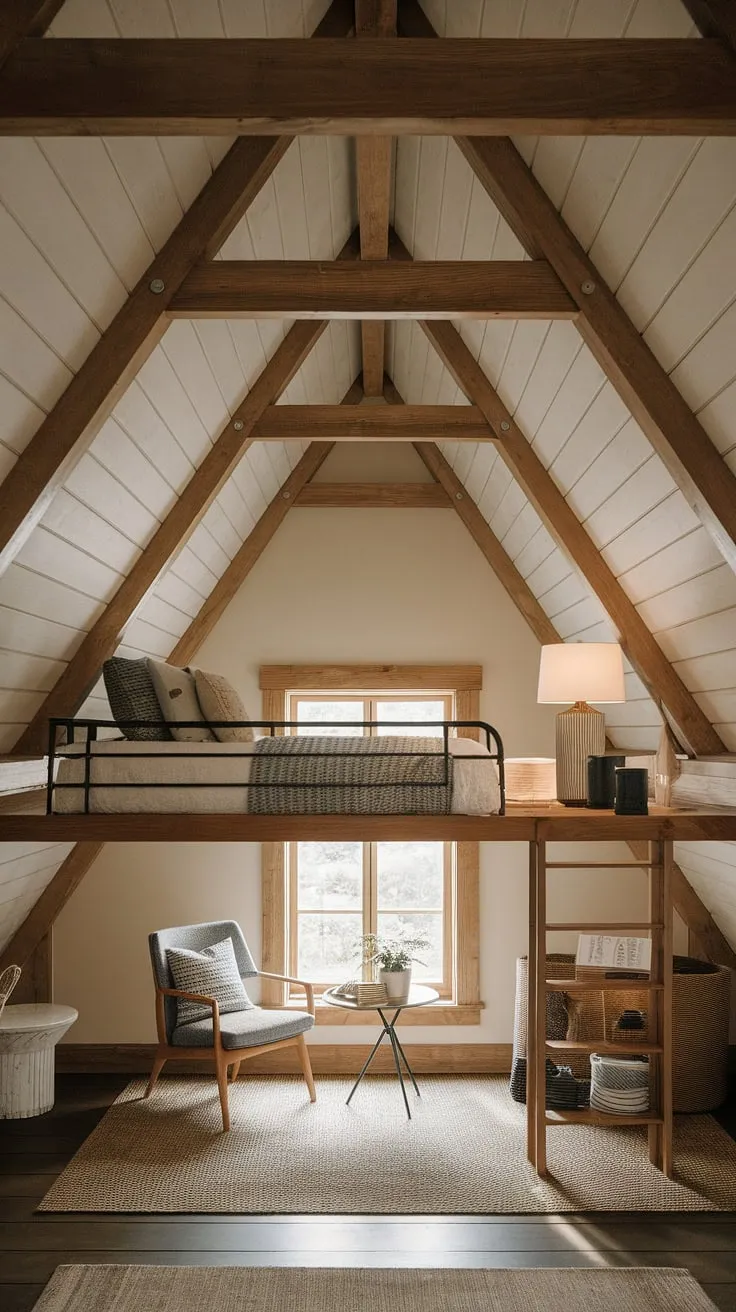 Cozy comfort meets rustic charm in this master attic bedroom. Clever attic bedroom ideas maximize space with a loft bed and inviting sitting area, perfect for attic interior design or loft bedroom decor. Small attic room ideas shine here, proving that even a small space can be a haven.