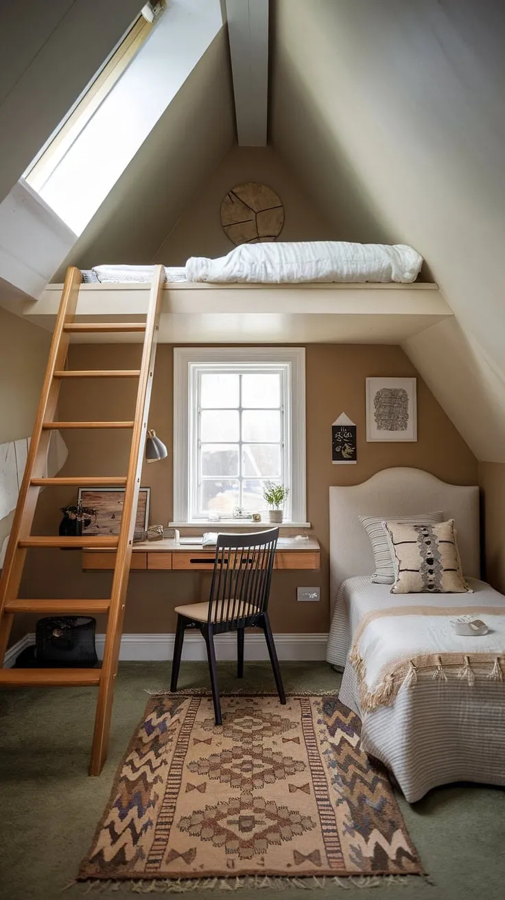 This cozy attic bedroom boasts ingenious small attic room ideas and attic interior design, maximizing space with a loft accessed by a rustic wooden ladder. The neutral beige walls and patterned rug complement the white window frame and simple white bed, creating a serene atmosphere perfect for loft bedroom decor. This space offers inspiration for anyone looking for attic bedroom ideas or attic guest room decor solutions.