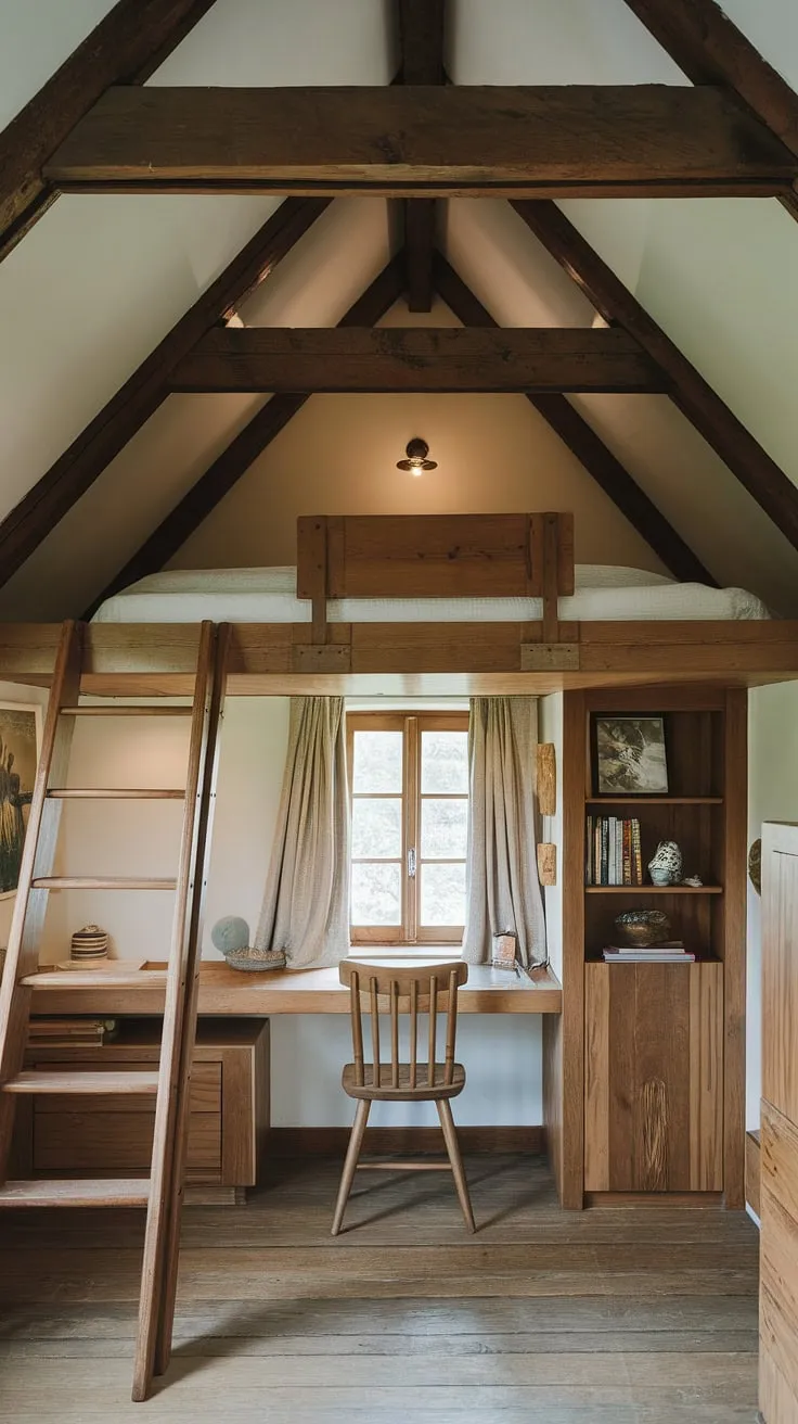Escape to this enchanting master attic bedroom. This attic interior design showcases brilliant small attic room ideas, transforming a limited space into a dreamy retreat. The loft bed and rustic details offer inspiration for attic guest room decor and loft bedroom decor.