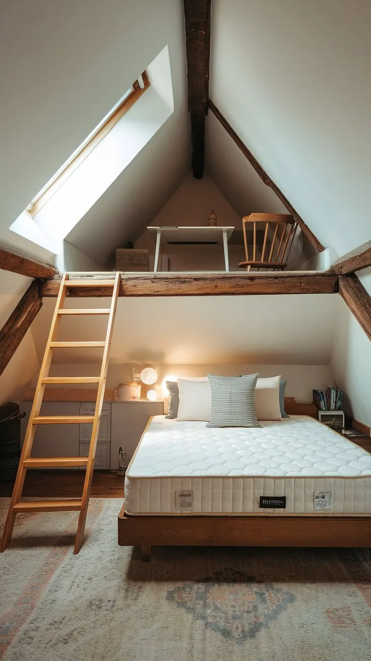 Cozy and functional, this small attic room showcases clever attic bedroom ideas and attic interior design. The loft bedroom decor maximizes space with a built-in desk and sleeping area, perfect for attic guest room decor. The skylight floods the room with natural light, highlighting the rustic charm.