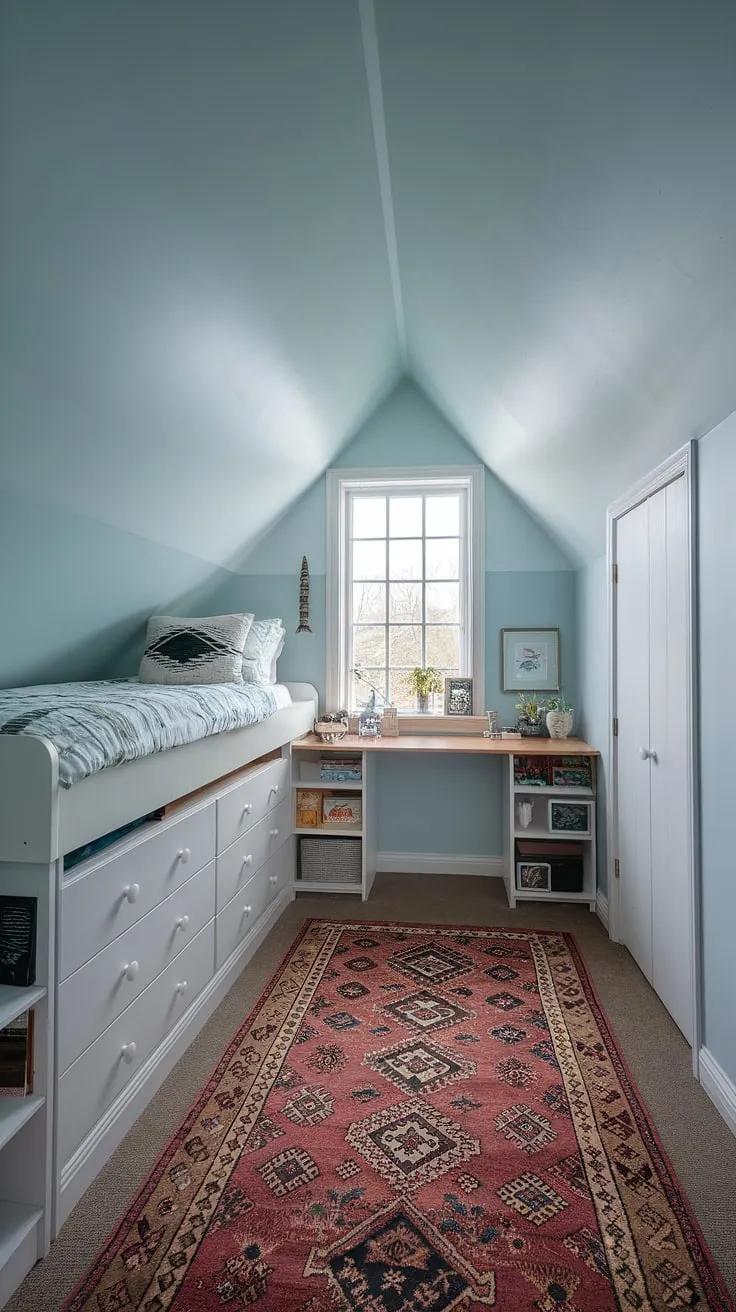 Sunlight streams into this charming attic bedroom, showcasing clever attic bedroom ideas and attic interior design. The loft bed maximizes space, offering storage below, while a cozy desk area beneath the dormer window creates a functional workspace. Perfect examples of small attic room ideas and loft bedroom decor, this space feels surprisingly spacious and inviting, even as an attic guest room decor solution.