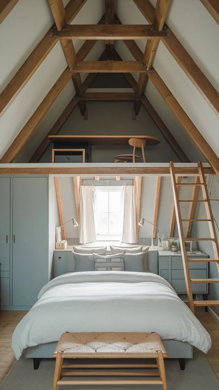 Cozy comfort meets charming character in this master attic bedroom. Clever attic bedroom ideas and loft bedroom decor maximize space in this small attic room, perfect for a relaxing retreat or stylish attic guest room decor.