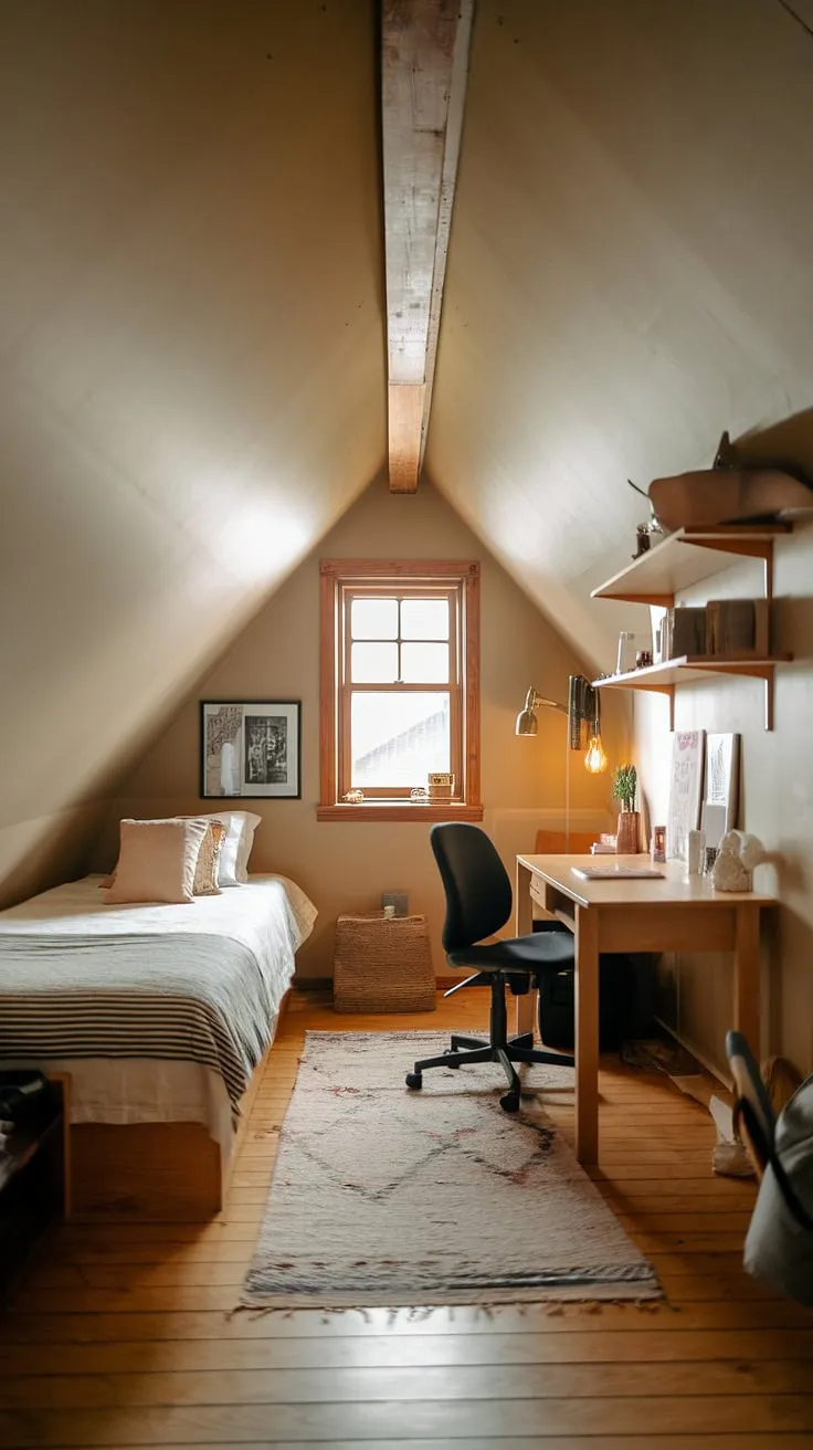 Cozy and functional, this small attic bedroom showcases clever attic bedroom ideas and attic interior design. The warm lighting and thoughtful placement of furniture, including a comfortable bed, desk, and chair, maximize space and create a welcoming atmosphere perfect for attic guest room decor. Loft bedroom decor is effortlessly achieved with simple shelving and a patterned rug.