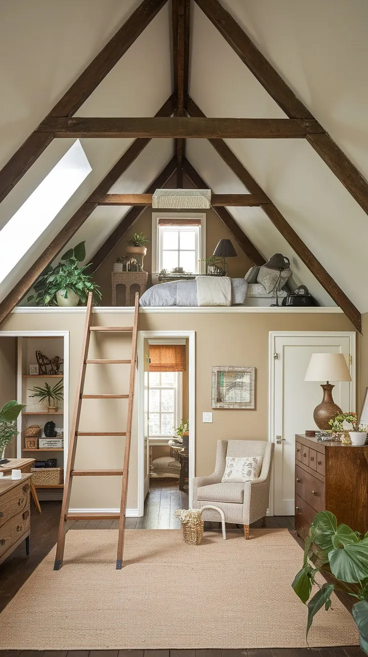 Sunlight streams through the skylight illuminating this charming attic bedroom, showcasing clever attic bedroom ideas and attic interior design. A wooden ladder leads to a cozy loft bedroom, perfect for a guest room or a quiet reading nook, demonstrating inspiring loft bedroom decor and small attic room ideas. The rustic exposed beams and carefully chosen furniture create a warm and inviting attic guest room decor.
