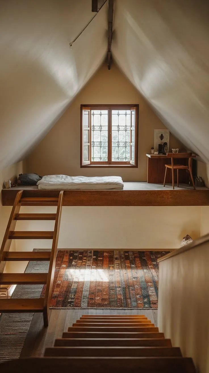 Escape to this dreamy master attic bedroom, showcasing clever attic interior design and attic guest room decor. Find inspiration for your own small attic room ideas and loft bedroom decor within this tranquil space.