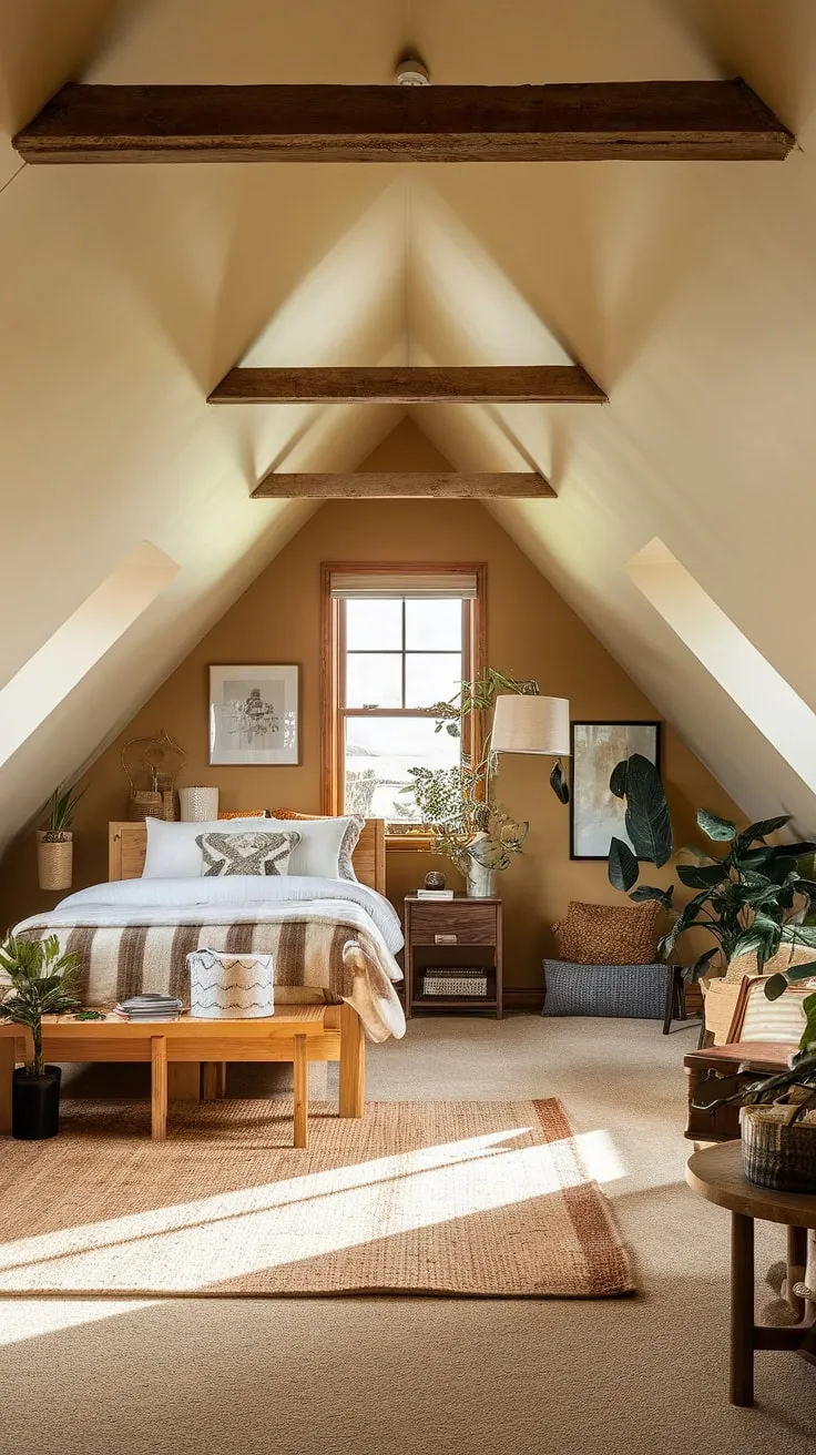 Sunlight streams into this charming master attic bedroom, showcasing rustic elegance and inspiring attic bedroom ideas. The perfect blend of attic interior design and loft bedroom decor, even small attic room ideas can feel spacious and inviting. Consider this for your next attic guest room decor project.