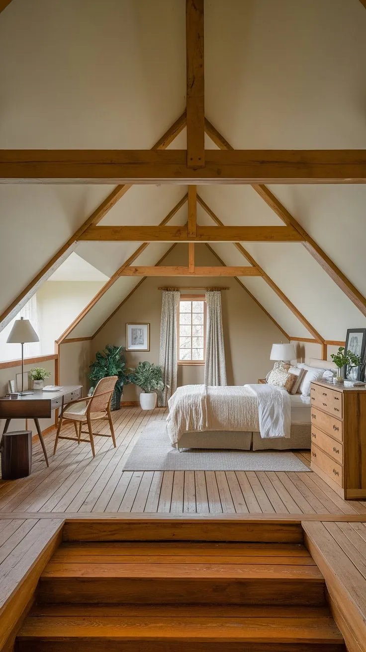 Cozy comfort meets charming character in this master attic bedroom. Attic bedroom ideas abound in this space, showcasing clever attic interior design and loft bedroom decor perfect for a relaxing retreat. Small attic room ideas are beautifully realized here, even making a great attic guest room decor option.