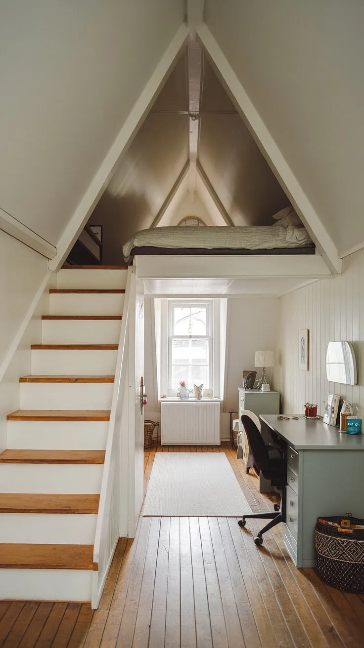 Sunlight streams into this charming attic bedroom, showcasing clever attic interior design and small attic room ideas. The built-in loft provides a cozy sleeping space, perfect for loft bedroom decor, while the main area offers a functional workspace. This space expertly balances practicality and style, making it ideal for attic guest room decor or a peaceful personal retreat. Consider this inspiration for your own attic bedroom ideas.