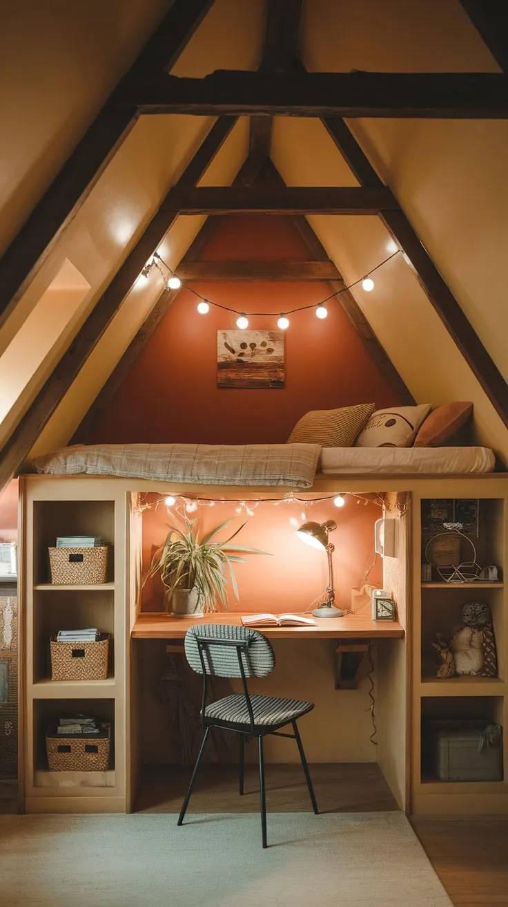 Cozy and functional, this small attic room maximizes space with clever attic bedroom ideas. The loft bed, complete with built-in storage and a reading light, is a highlight of this charming attic interior design. A workspace nestled below completes this perfect loft bedroom decor, ideal for a guest room or a personal sanctuary. These small attic room ideas prove that even the smallest spaces can be stylish and comfortable.