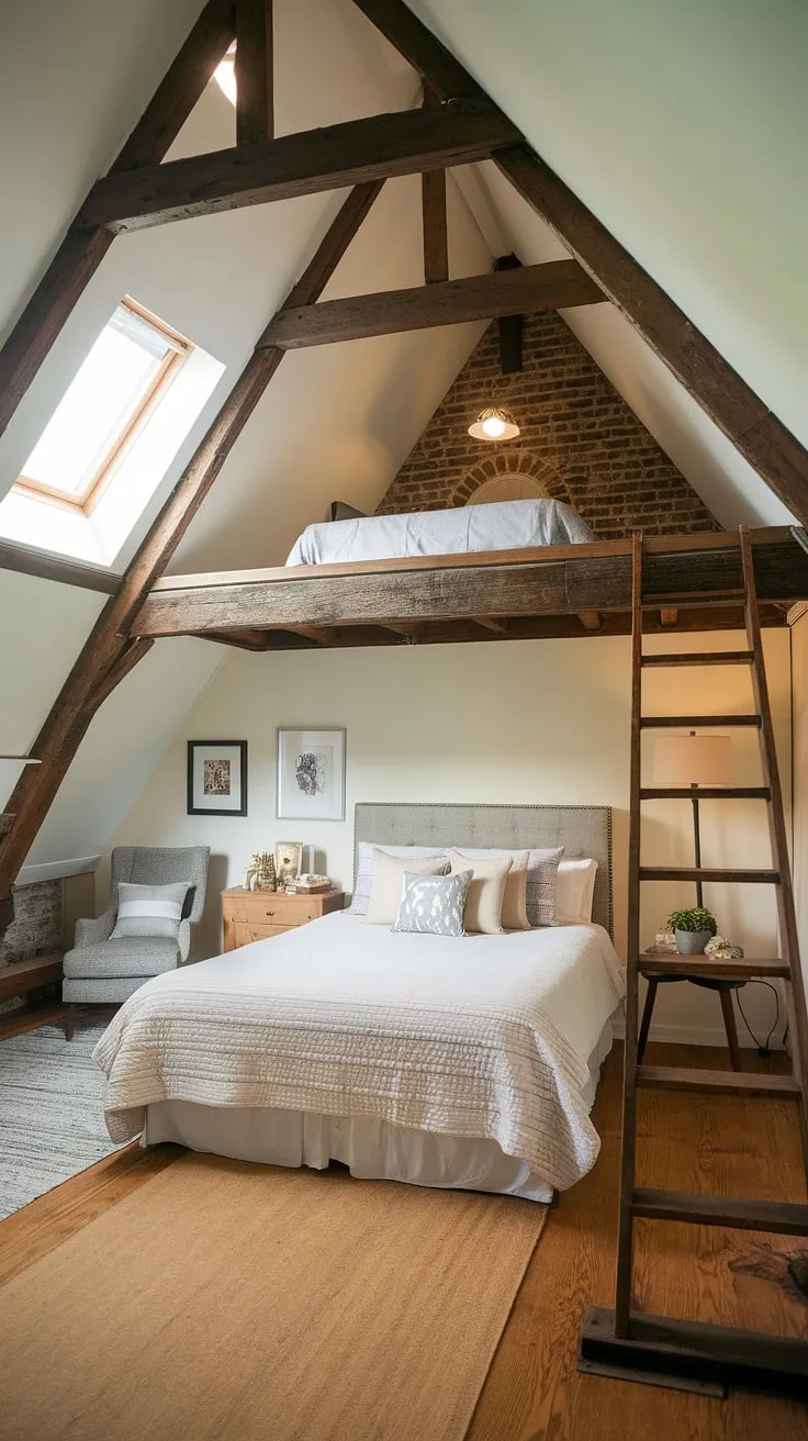Escape to this dreamy master attic bedroom. Attic interior design at its finest, this space blends rustic charm with functional attic guest room decor and inspiring small attic room ideas, featuring a cozy loft bed and ample space below.