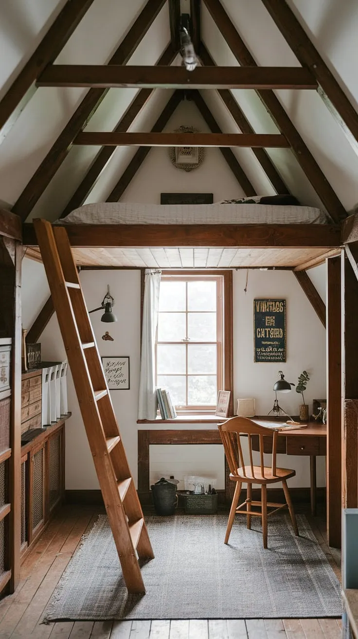 Escape to this enchanting master attic bedroom. This attic interior design showcases brilliant small attic room ideas, transforming a small space into a haven with a lofted bed and thoughtful attic guest room decor. Explore the possibilities of loft bedroom decor in this cozy retreat.