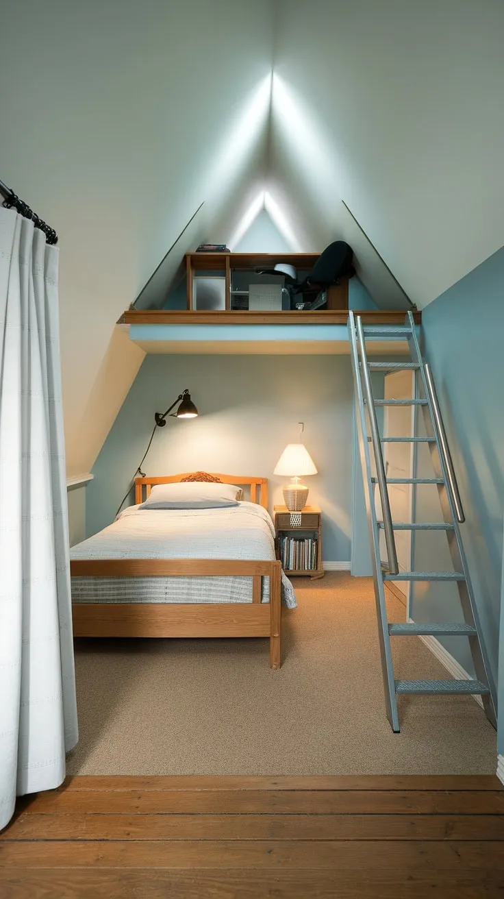 This attic bedroom boasts ingenious attic interior design, transforming a sloped ceiling space into a comfortable and stylish haven. The loft area, accessible by a metal ladder, provides extra space for a desk and chair, while the main area features a queen-size bed and bedside table. These attic bedroom ideas are perfect for maximizing space and creating a unique loft bedroom decor. Consider this inspiration for your own small attic room ideas or attic guest room decor.