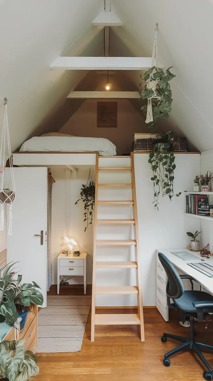 This attic conversion is a masterclass in small space living. The loft bedroom, accessed by a rustic wooden staircase, provides a peaceful sleeping area, while the main floor cleverly incorporates a workspace and seating. Explore these attic bedroom ideas and see how simple attic interior design can create a stunning loft bedroom decor. This space is a testament to the potential of small attic room ideas and offers plenty of inspiration for your own attic guest room decor.