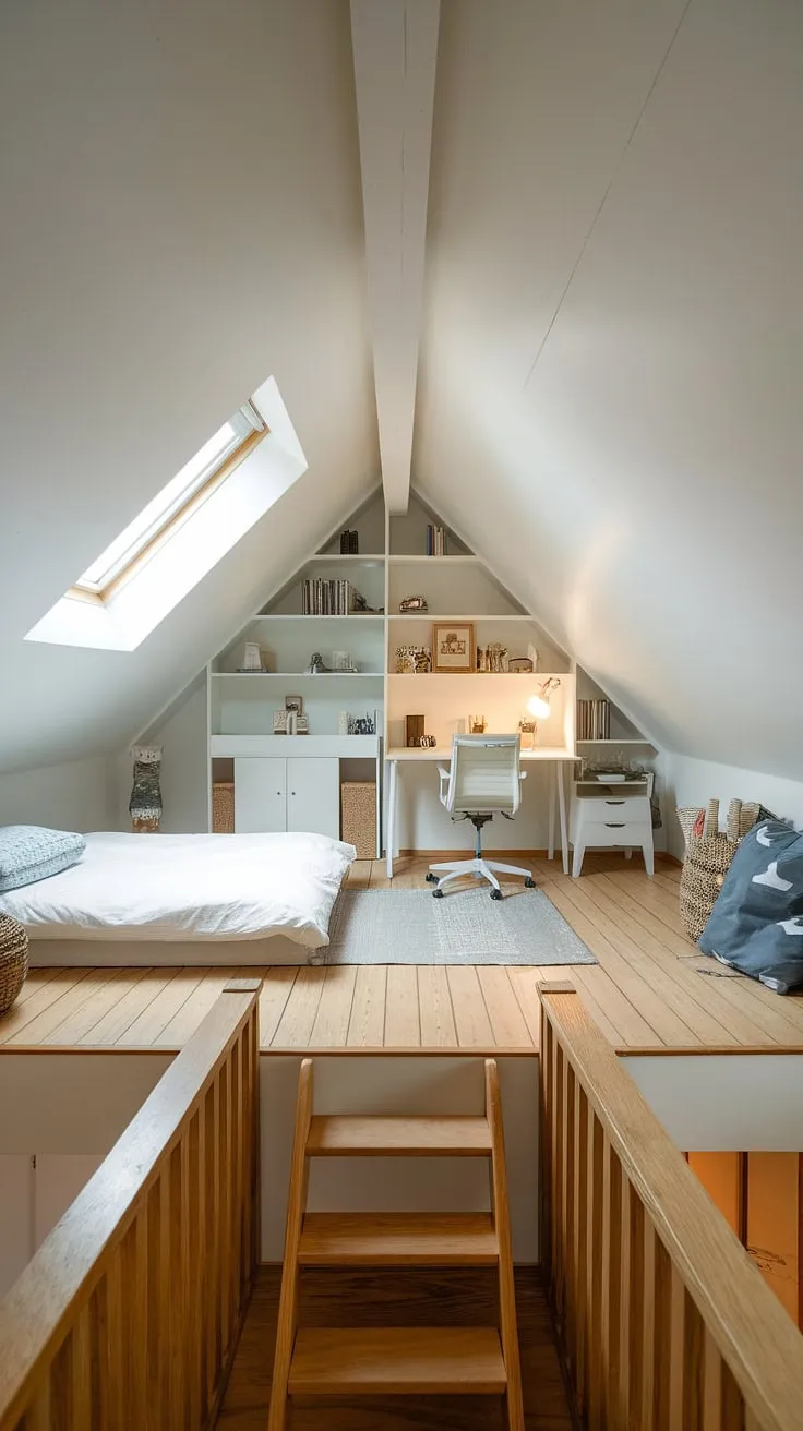 Cozy comfort meets creative design in this master attic bedroom. Clever attic bedroom ideas maximize space, showcasing stunning loft bedroom decor perfect for small attic room ideas or even an attic guest room decor.