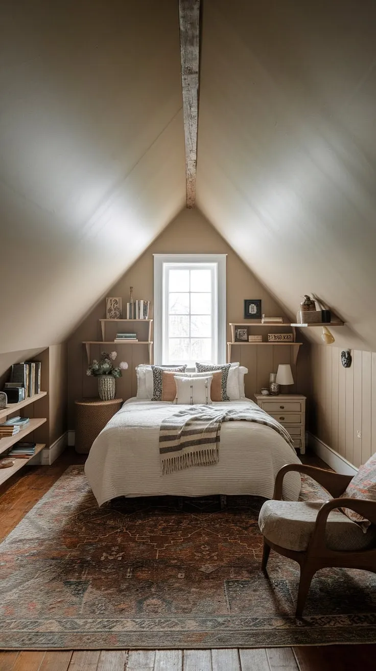 Cozy and charming, this small attic bedroom maximizes space with rustic wooden elements and clever attic interior design. The high ceiling adds grandeur, while the patterned rug and comfortable seating create a welcoming atmosphere perfect for attic guest room decor. Plenty of attic bedroom ideas are showcased here, proving that even a small attic room can be transformed into a stylish and functional retreat. This loft bedroom decor is the perfect blend of comfort and rustic charm.