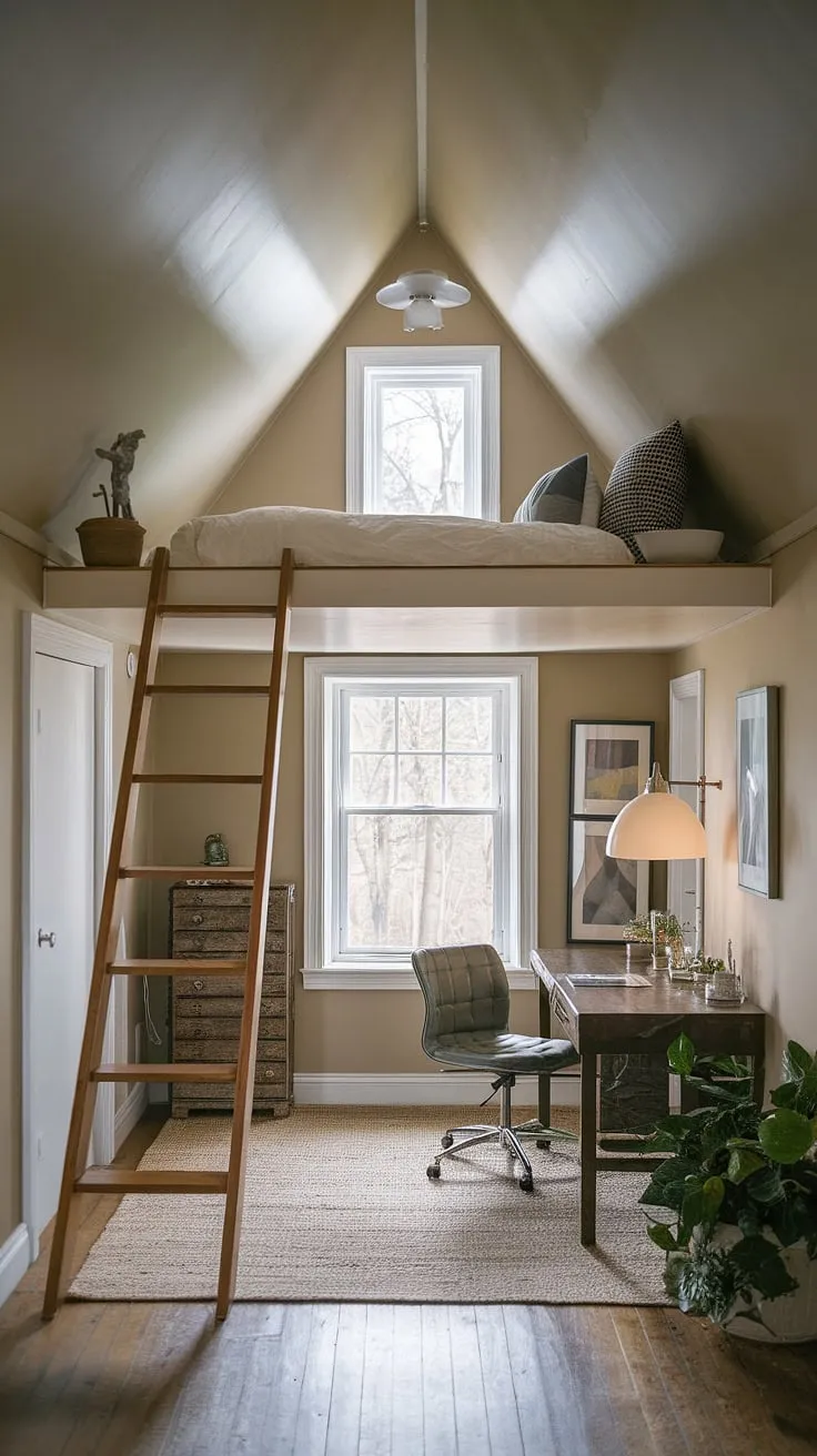 This attic bedroom's ingenious design proves that even small spaces can be stylish and comfortable. The loft bed cleverly utilizes vertical space, making it a prime example of attic bedroom ideas and loft bedroom decor. Note the thoughtful attic interior design, showcasing practical solutions for small attic room ideas and offering inspiration for anyone considering attic guest room decor. The view from the window adds a touch of serenity to this inviting retreat.