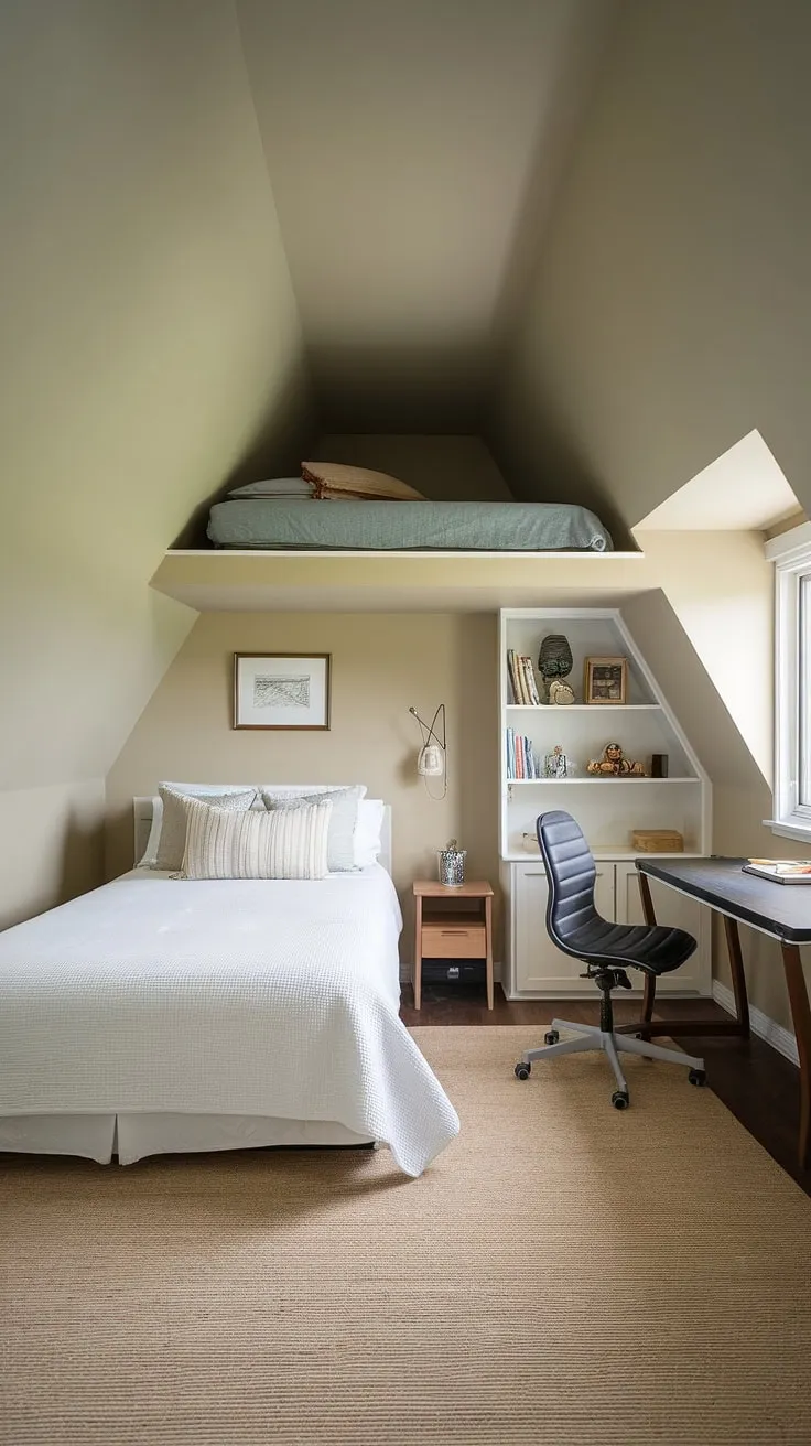 This charming small attic room demonstrates brilliant attic bedroom ideas. The loft bed creates a unique attic interior design, maximizing space in this small attic room. With a queen bed below and a twin in the loft, plus a workspace and storage, it's a perfect example of loft bedroom decor and smart attic guest room decor solutions.