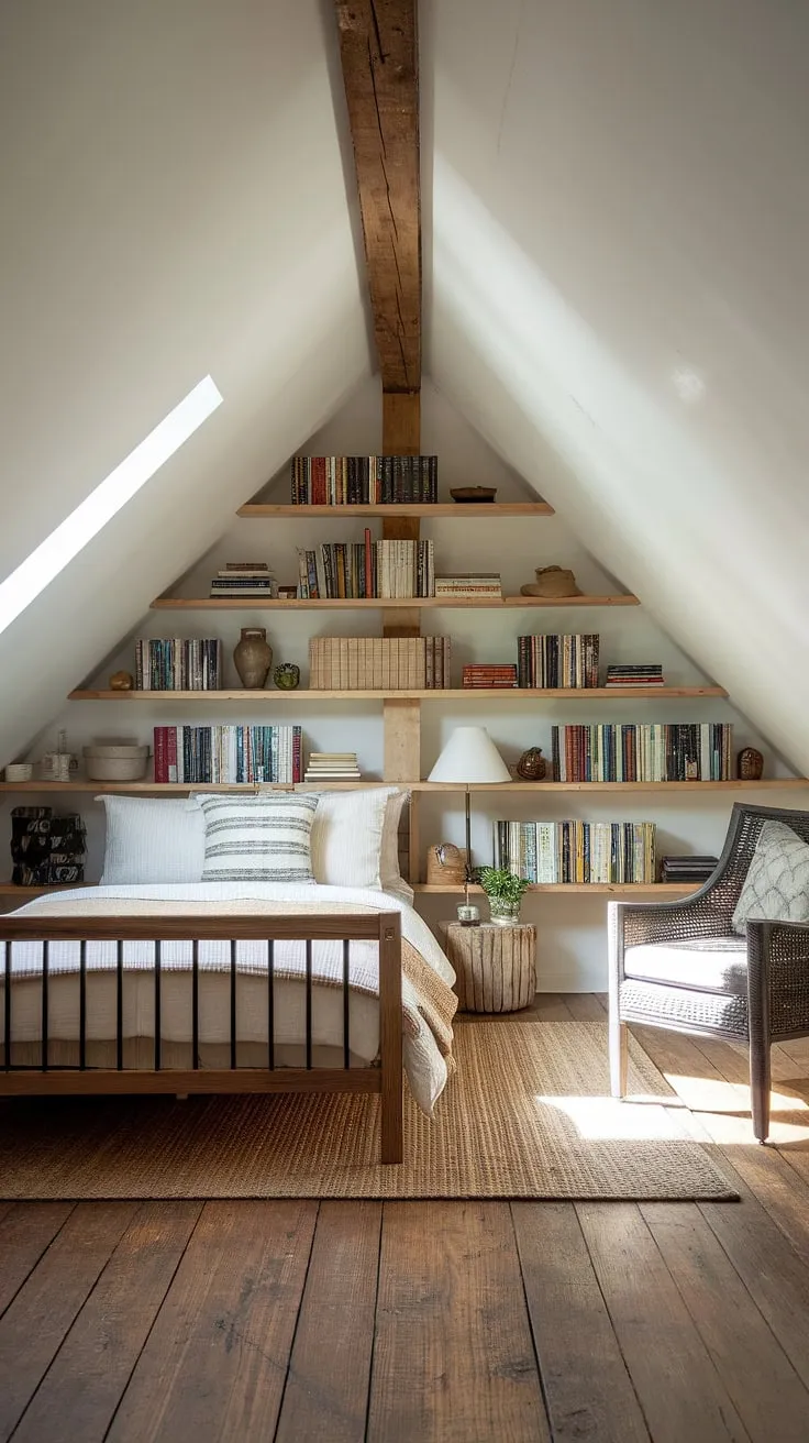 Cozy comfort meets rustic charm in this master attic bedroom. Brilliant attic bedroom ideas for maximizing space and creating a warm, inviting attic interior design. Perfect loft bedroom decor for a guest room or a quiet retreat.