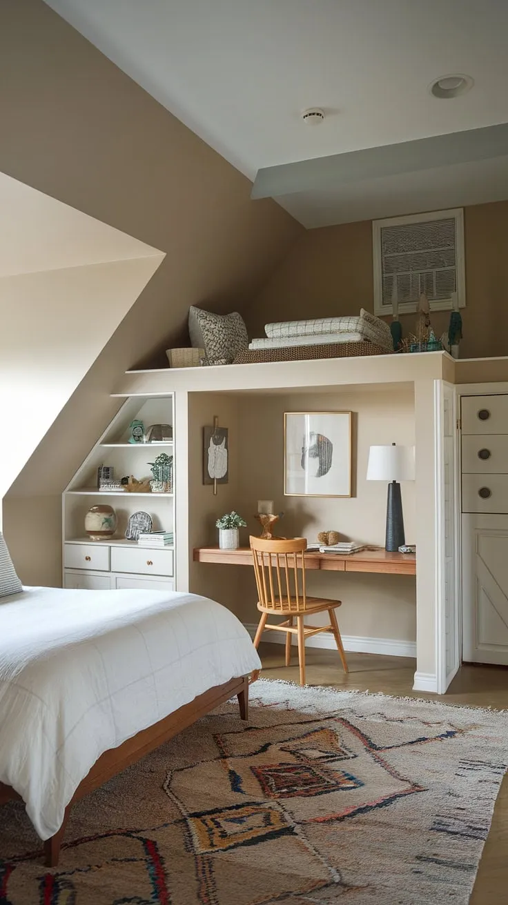 This charming attic guest room decor proves that even small spaces can be maximized with creative attic bedroom ideas. The loft bed adds a unique touch, while the desk area provides a practical workspace. This attic interior design is a testament to how thoughtful planning can transform a small attic room into a comfortable and stylish retreat, offering plenty of inspiration for loft bedroom decor.