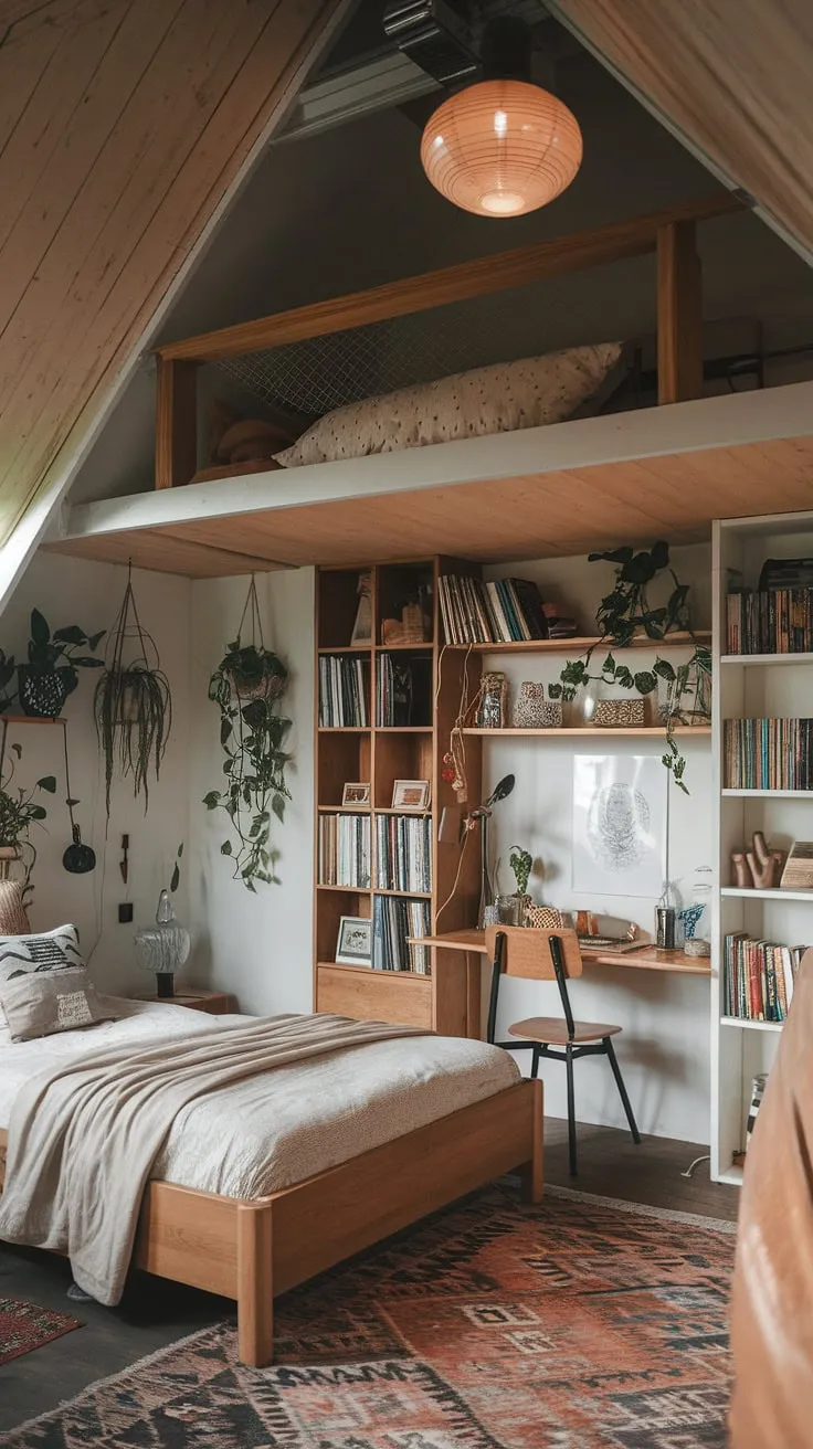 Cozy haven found: This master attic bedroom showcases clever attic bedroom ideas and attic interior design, maximizing space with a loft bed and vintage charm. Perfect loft bedroom decor inspiration for small attic room ideas or even an attic guest room decor project.