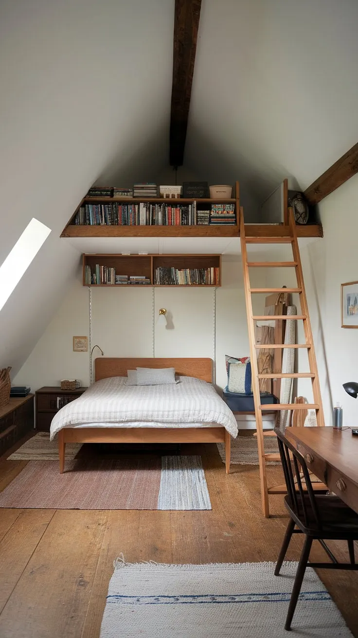 This attic guest room decor demonstrates how to transform a small attic space into a comfortable and stylish retreat. The white walls and wooden accents create a warm and inviting atmosphere, while the clever use of space showcases brilliant attic bedroom ideas. The built-in shelving above the bed and the ladder leading to a loft area are key elements of this successful attic interior design. These small attic room ideas are perfect for anyone looking to maximize space and create a unique and cozy bedroom.
