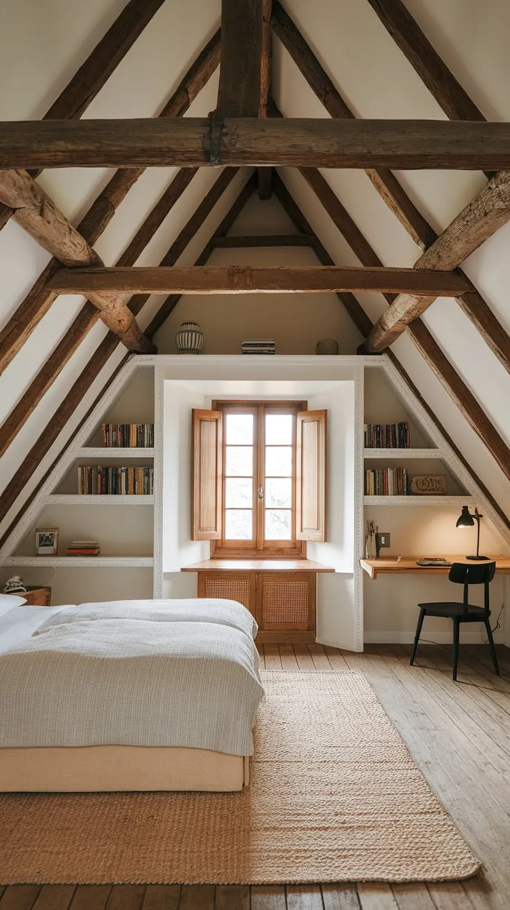 This small attic room, brimming with attic guest room decor inspiration, offers a unique blend of rustic charm and modern functionality. The clever use of space, including a built-in bookshelf and a well-placed desk, makes the most of the sloping ceiling and limited square footage. The warm wood tones and woven rug create a cozy atmosphere, showcasing excellent attic interior design and loft bedroom decor. Consider this a perfect example of attic bedroom ideas for those seeking a space that's both stylish and practical.