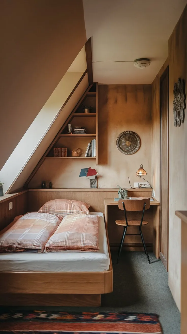 Cozy and functional, this small attic room maximizes space with clever attic bedroom ideas. The built-in shelving above the bed adds storage, while the warm earthy tones and carefully chosen attic interior design elements create a welcoming atmosphere perfect for guests or a personal retreat. This loft bedroom decor showcases how even a small attic room can be transformed into a charming and comfortable space. Consider this inspiration for your own small attic room ideas or attic guest room decor.