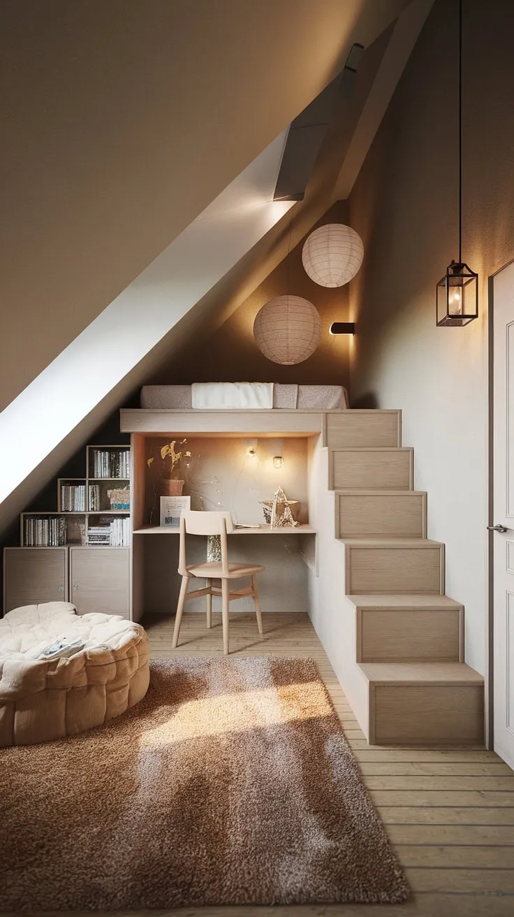 Maximize space and style in this master attic bedroom. Brilliant attic interior design showcases a functional loft bed, creating a cozy haven. Explore these attic bedroom ideas for your own small attic room ideas or inspiring attic guest room decor.