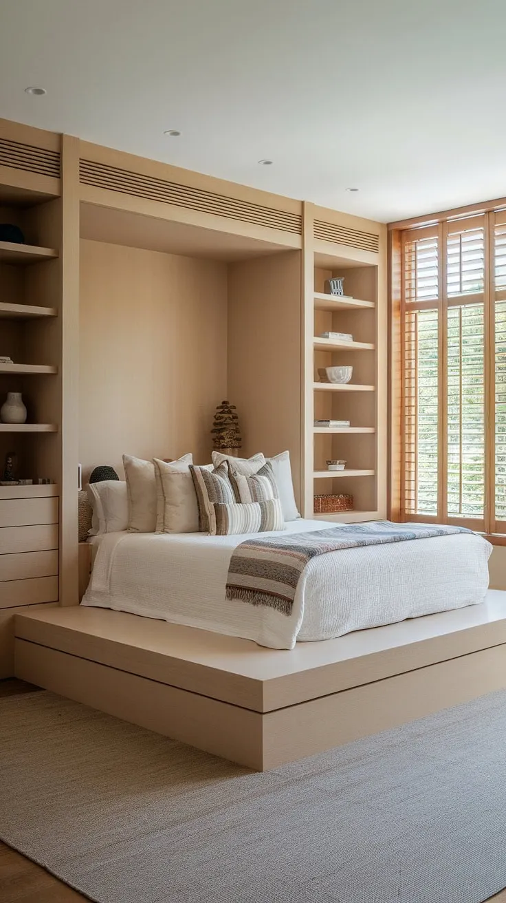 This master bedroom nook boasts a stunning built-in bed, seamlessly integrated with surrounding shelves and a built-in bedroom closet. The raised platform elevates the bed nook, creating a cozy and intimate sleeping space. Large windows with wooden shutters complete the design, adding warmth and light to this expertly crafted bedroom built-ins.
