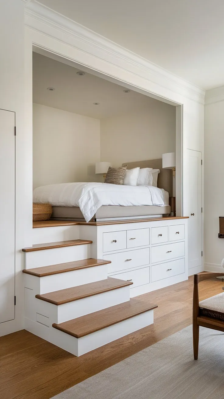 Escape to your serene master bedroom nook, complete with a built-in bed and custom closet. The ultimate in space-saving luxury.