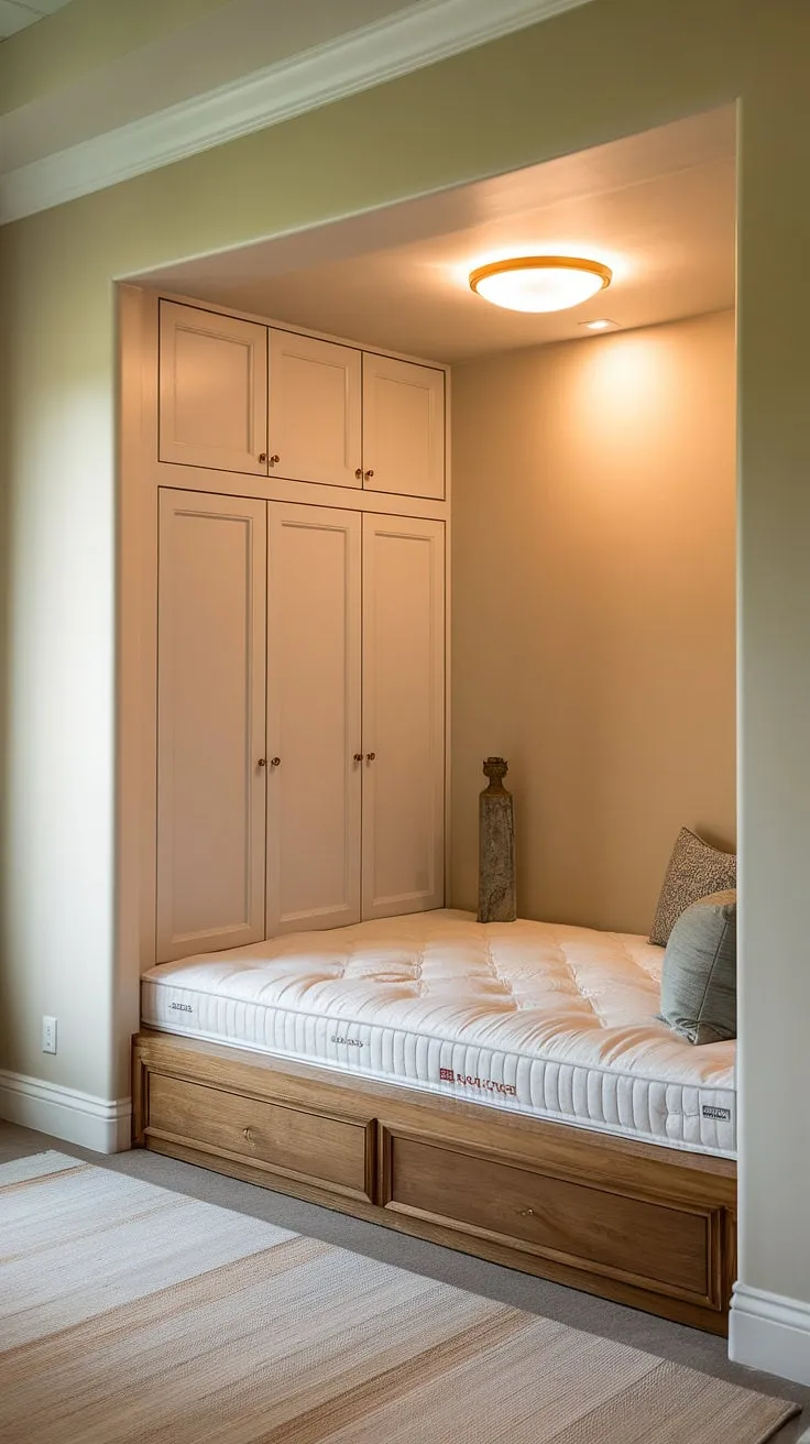 Cozy comfort redefined. This master bedroom nook, complete with a built-in bed and closet, is the epitome of bedroom built-ins. The bed nook offers a serene escape.
